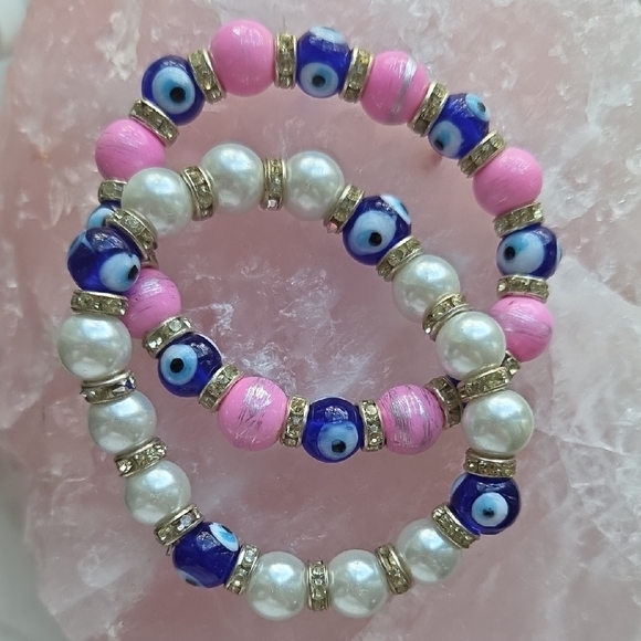 Artisan Ny Jewelry - Artisan Pink and Blue Evil Eye Bracelet Set